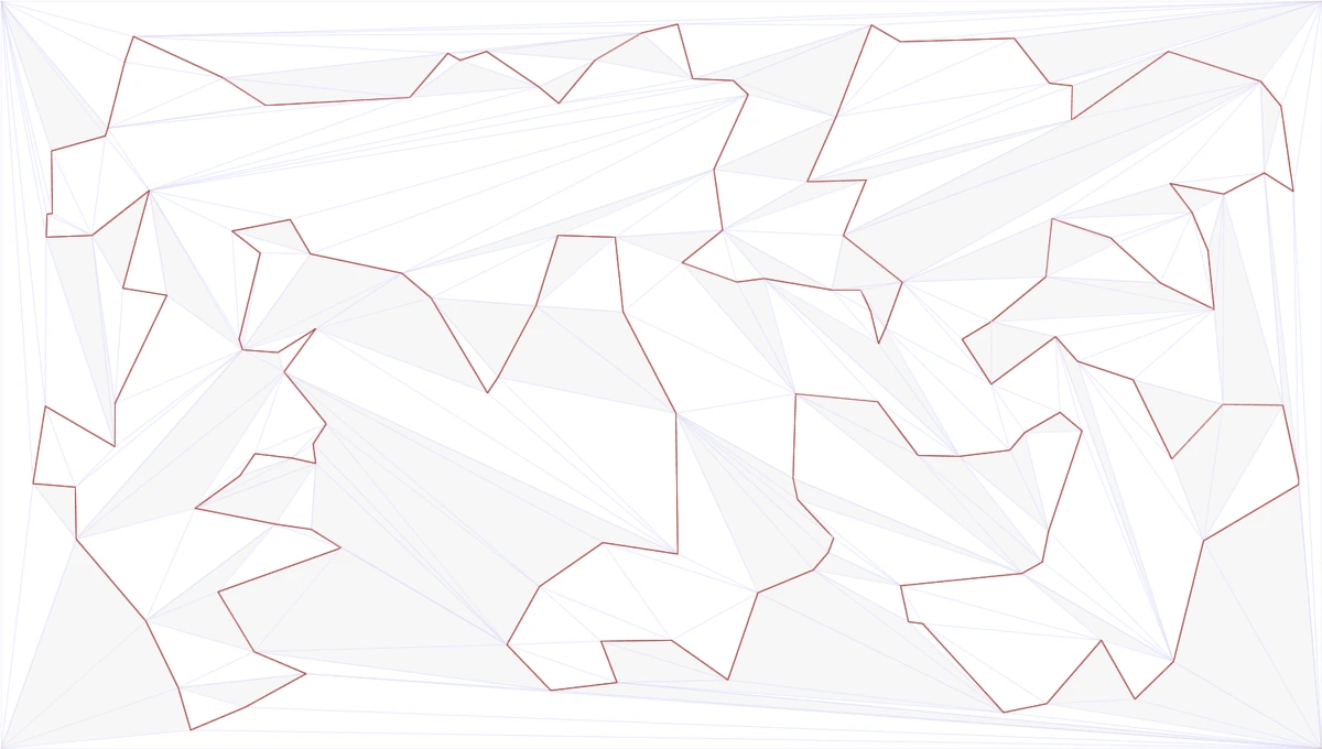 Triangulated TSP Solver screenshot showing a red route through a triangle mesh